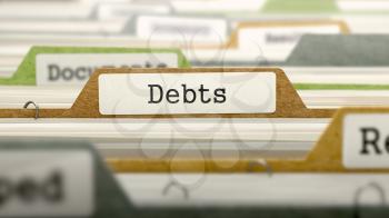 Debts - Folder Register Name in Directory. Colored, Blurred Image. Closeup View. 3D Render.