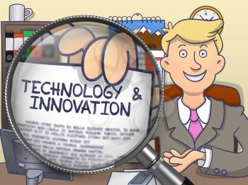 Technology and Innovation on Paper in Man's Hand to Illustrate a Business Concept. Closeup View through Magnifier. Multicolor Doodle Style Illustration.