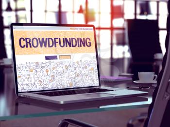 Crowdfunding Concept. Closeup Landing Page on Laptop Screen in Doodle Design Style. On Background of Comfortable Working Place in Modern Office. Blurred, Toned Image. 3D Render.