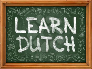 Learn Dutch Concept. Modern Line Style Illustration. Learn Dutch Handwritten on Green Chalkboard with Doodle Icons Around. Doodle Design Style of Learn Dutch Concept.