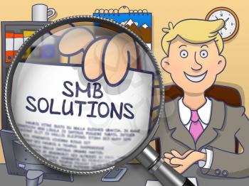 SMB Solutions through Magnifying Glass. Businessman Holding a Paper with Inscription. Closeup View. Multicolor Doodle Style Illustration.
