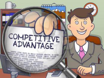 Competitive Advantage on Paper in Business Man's Hand to Illustrate a Business Concept. Closeup View through Magnifier. Multicolor Doodle Illustration.