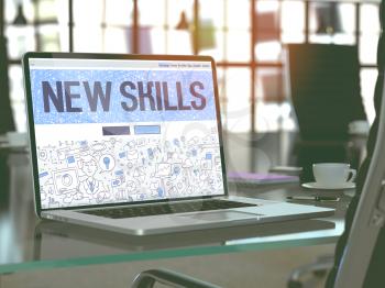 New Skills - Closeup Landing Page in Doodle Design Style on Laptop Screen. On Background of Comfortable Working Place in Modern Office. Toned, Blurred Image. 3D Render.