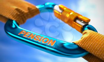 Strong Connection between Blue Carabiner and Two Orange Ropes Symbolizing the Pension. Selective Focus. 3D Render.