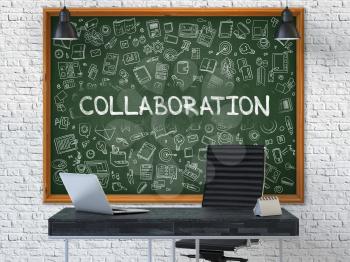 Collaboration - Handwritten Inscription by Chalk on Green Chalkboard with Doodle Icons Around. Business Concept in the Interior of a Modern Office on the White Brick Wall Background. 3D.