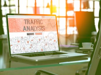 Traffic Analysis Concept - Closeup on Landing Page of Laptop Screen in Modern Office Workplace. Toned Image with Selective Focus. 3D Render.