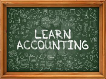 Learn Accounting - Hand Drawn on Chalkboard. Learn Accounting with Doodle Icons Around.