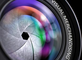 Visual Merchandising Written on Camera Lens with Shutter. Colorful Lens Reflections. Closeup View. Camera Lens with Visual Merchandising Inscription. Colorful Lens Flares on Front Glass. 3D Render.