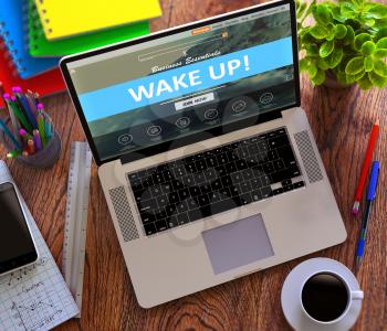 Wake Up Concept. Modern Laptop and Different Office Supply on Wooden Desktop background. 3D Render.