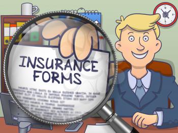 Man Welcomes in Office and Showing a Paper with Concept Insurance Forms. Closeup View through Magnifying Glass. Multicolor Doodle Style Illustration.