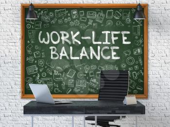 Green Chalkboard with the Text Work-Life Balance Hangs on the White Brick Wall in the Interior of a Modern Office. Illustration with Doodle Style Elements. 3D.