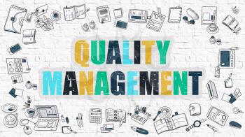 Quality Management Concept. Modern Line Style Illustration. Multicolor Quality Management Drawn on White Brick Wall. Doodle Icons. Doodle Design Style of  Quality Management  Concept.