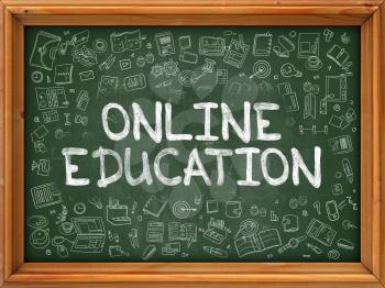 Online Education - Hand Drawn on Chalkboard. Online Education with Doodle Icons Around.