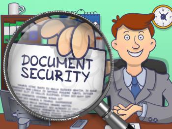 Business Man Holds Out a Paper with Text Document Security. Closeup View through Lens. Colored Modern Line Illustration in Doodle Style.