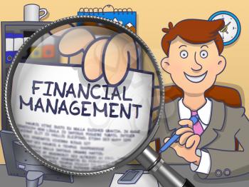 Financial Management through Magnifying Glass. Businessman Showing Paper with Text. Closeup View. Multicolor Doodle Style Illustration.