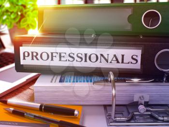 Professionals - Black Office Folder on Background of Working Table with Stationery and Laptop. Professionals Business Concept on Blurred Background. Professionals Toned Image. 3D.