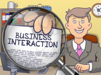 Officeman in Suit Shows Text on Paper Business Interaction through Lens. Closeup View. Colored Doodle Illustration.