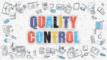 Quality Control - Multicolor Concept with Doodle Icons Around on White Brick Wall Background. Modern Illustration with Elements of Doodle Design Style.