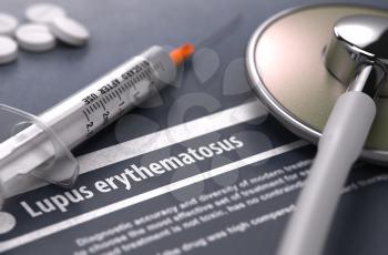 Lupus erythematosus - Printed Diagnosis on Grey Background with Blurred Text and Composition of Pills, Syringe and Stethoscope. Medical Concept. Selective Focus. 3D Render. 