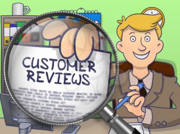 Customer Reviews through Magnifier. Business Man in Office Holding Paper with Text Customer Reviews. Colored Modern Line Illustration in Doodle Style.