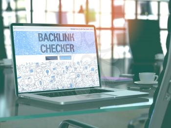 Backlink Checker Concept - Closeup on Landing Page of Laptop Screen in Modern Office Workplace. Toned Image with Selective Focus. 3D Render.