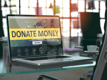 Donate Money Concept - Closeup on Laptop Screen in Modern Office Workplace. Toned Image with Selective Focus. 3D Render.