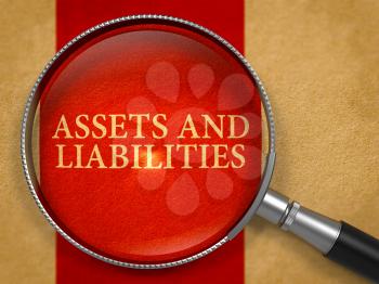 Assets and Liabilities through Magnifying Glass on Old Paper with Crimson Vertical Line Background. 3D Render.