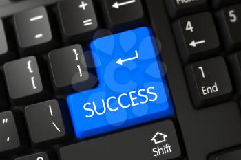 Blue Success Button on Keyboard. A Keyboard with Blue Keypad - Success. Success Concept: Black Keyboard with Success, Selected Focus on Blue Enter Button. 3D Illustration.