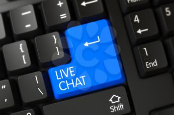A Keyboard with Blue Button - Live Chat. PC Keyboard Keypad Labeled Live Chat. Blue Live Chat Key on Keyboard. Keypad Live Chat on Computer Keyboard. 3D.