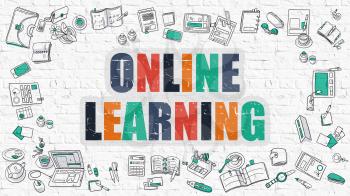 Online Learning - Multicolor Concept with Doodle Icons Around on White Brick Wall Background. Modern Illustration with Elements of Doodle Design Style.