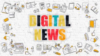 Digital News - Multicolor Concept with Doodle Icons Around on White Brick Wall Background. Modern Illustration with Elements of Doodle Design Style.