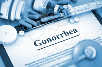 Gonorrhea - Medical Report with Composition of Medicaments - Pills, Injections and Syringe. 3D Render.