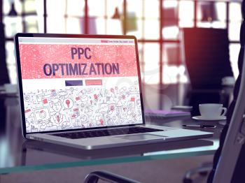 PPC Optimization Concept. Closeup Landing Page on Laptop Screen in Doodle Design Style. On Background of Comfortable Working Place in Modern Office. Blurred, Toned Image. 3D Render.