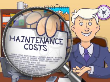 Man in Suit Showing Paper with Maintenance Costs Concept through Magnifier. Closeup View. Multicolor Doodle Illustration.
