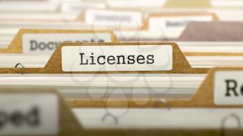 Licenses Concept on File Label in Multicolor Card Index. Closeup View. Selective Focus. 3D Render.