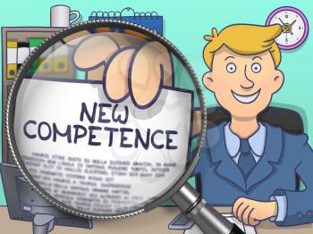 Officeman in Suit Looking at Camera and Showing Paper with Text New Competence through Magnifier. Closeup View. Colored Doodle Style Illustration.