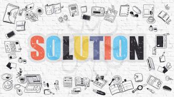 Solution Concept. Modern Line Style Illustration. Multicolor Solution Drawn on White Brick Wall. Doodle Icons. Doodle Design Style of Solution Concept.