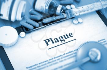 Plague - Printed Diagnosis with Blurred Text. Plague - Medical Report with Composition of Medicaments - Pills, Injections and Syringe. 3D Render.