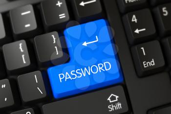 Concepts of Password, with a Password on Blue Enter Key on Computer Keyboard. Computer Keyboard Keypad Labeled Password. Password on PC Keyboard Background. 3D.