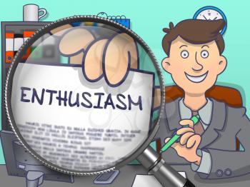 Enthusiasm through Magnifier. Officeman Holds Out a Text on Paper. Closeup View. Multicolor Doodle Illustration.