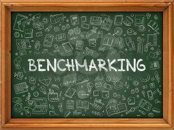 Benchmarking - Hand Drawn on Green Chalkboard with Doodle Icons Around. Modern Illustration with Doodle Design Style.