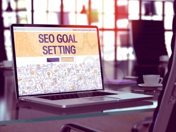 SEO - Search Engine Optimization - Goal Setting Concept. Closeup Landing Page on Laptop Screen in Doodle Design Style. On Background of Comfortable Working Place. Blurred, Toned Image. 3D Render.