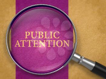 Public Attention through Lens on Old Paper with Dark Lilac Vertical Line Background. 3D Render.