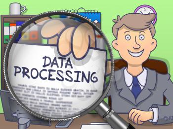 Man in Office Workplace Holds Out Concept on Paper Data Processing. Closeup View through Magnifier. Colored Doodle Style Illustration.