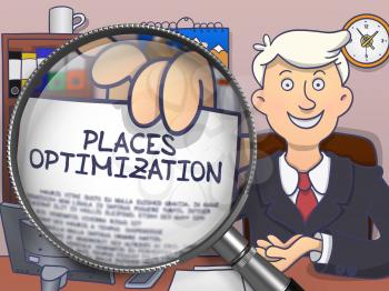 Places Optimization on Paper in Business Man's Hand through Magnifier to Illustrate a Business Concept. Colored Doodle Style Illustration.