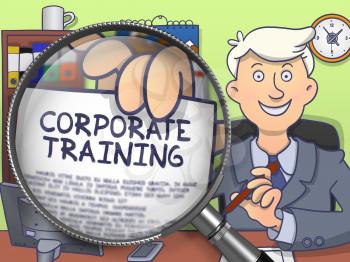 Business Man in Office Workplace Holds Out a Concept on Paper Corporate Training. Closeup View through Lens. Multicolor Doodle Illustration.