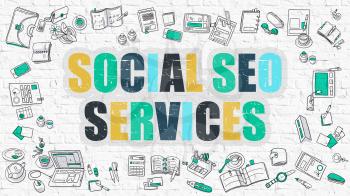 Social SEO Services - Multicolor Concept with Doodle Icons Around on White Brick Wall Background. Modern Illustration with Elements of Doodle Design Style.