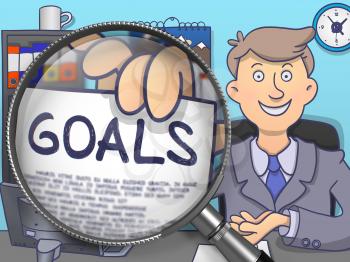Goals. Paper with Text in Business Man's Hand through Magnifier. Colored Doodle Style Illustration.