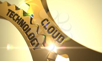 Cloud Technology Golden Metallic Cog Gears. Cloud Technology - Technical Design. Cloud Technology on Mechanism of Golden Cogwheels with Lens Flare. 3D.