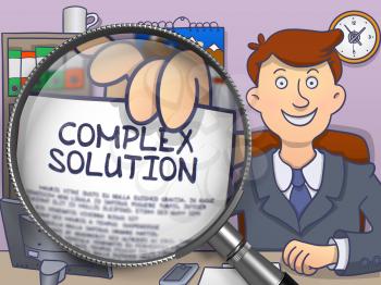 Complex Solution through Lens. Officeman Holding a Concept on Paper. Closeup View. Multicolor Modern Line Illustration in Doodle Style.